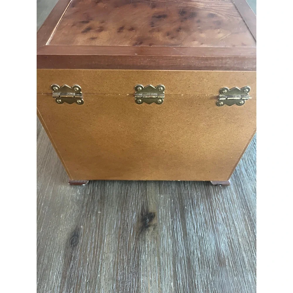 Vintage Burl Wood Jewelry Box Chest Brass Hardware 2 Drawers Necklace Hooks 10in